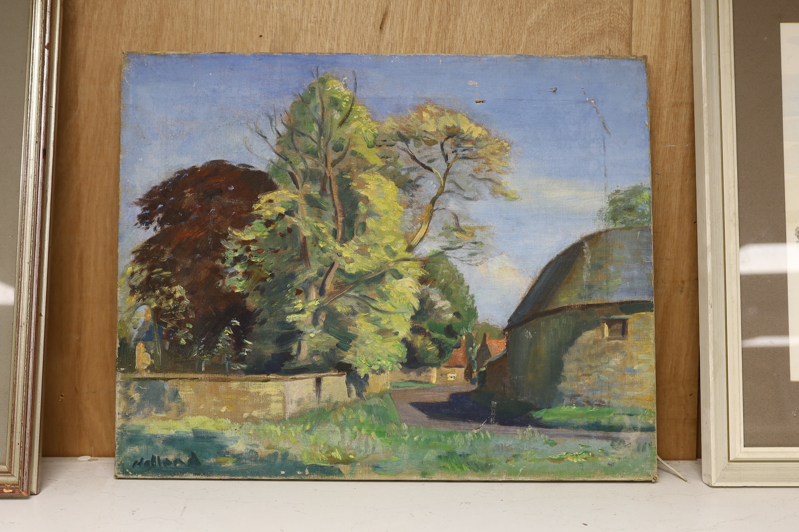 George Herbert Buckingham Holland (1901-1987), oil on canvas, 'Milton, Northants', signed and inscribed verso, 40 x 50cm, unframed. Condition - poor